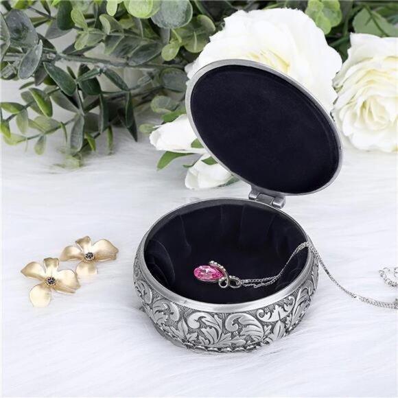 Metal Jewelry Box Vintage Ring Holder Trinket Organizer Small Round Storage Box - Picture 6 of 8